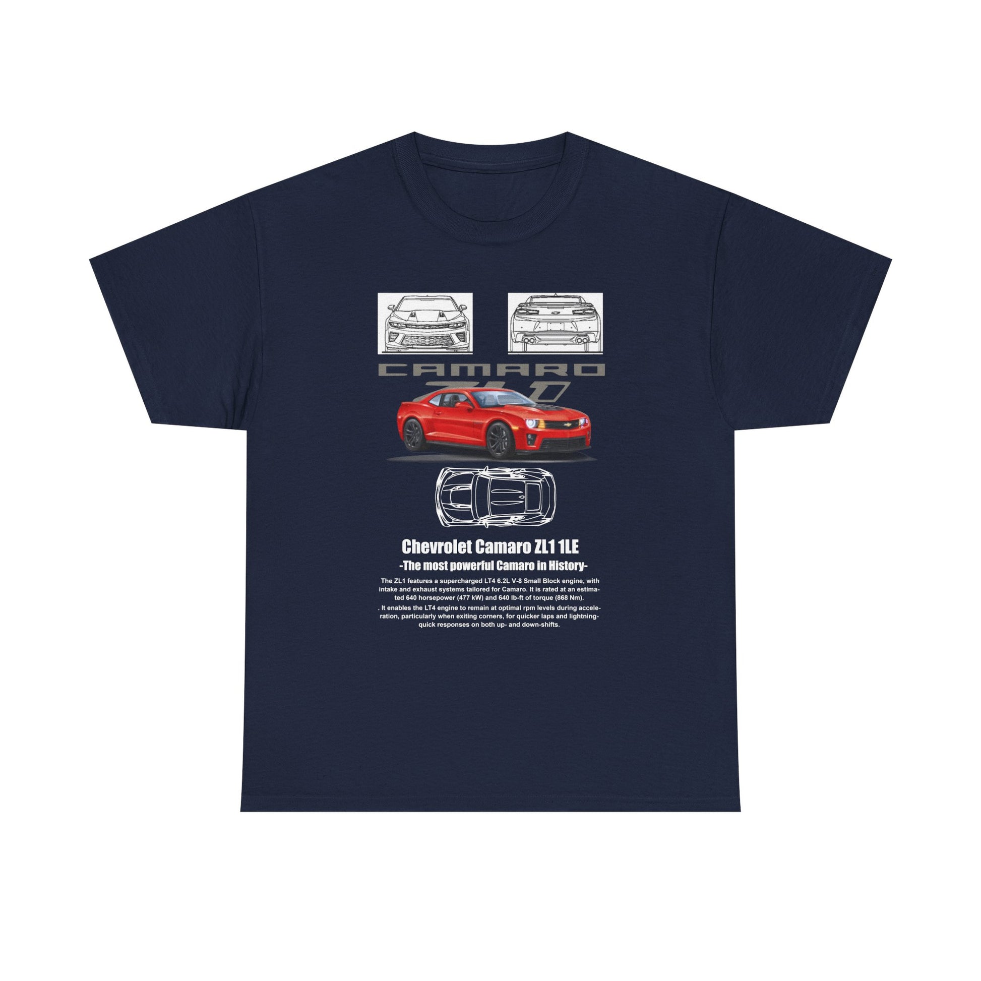 Men's Chevrolet Camaro ZL1 1LE T-Shirt in navy blue, featuring a bold red Camaro graphic and intricate schematics, reflecting a blend of power and sophisticated design.