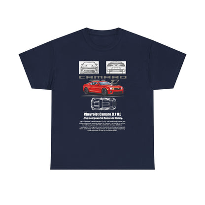 Men's Chevrolet Camaro ZL1 1LE T-Shirt in navy blue, featuring a bold red Camaro graphic and intricate schematics, reflecting a blend of power and sophisticated design.