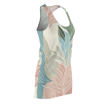 Model wearing the Pastel Palette Racerback Dress with stylish racerback design, exuding comfort and a chic vibe infused with abstract leaf motifs.