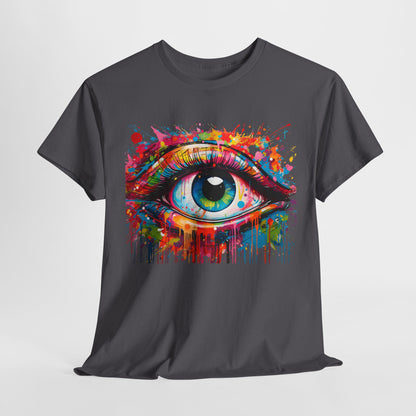 Unisex t-shirt elegantly presented, showcasing a vibrant eye graphic amidst a colourful splash of art, ideal for artistic expression.