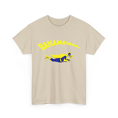 Front view of the Limited Edition Bananaman Graphic Unisex T-Shirt, featuring the whimsical hero design with vibrant blue and yellow colours.