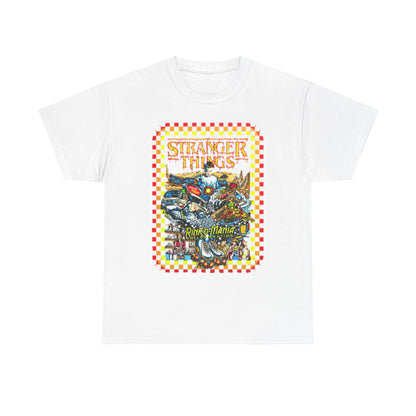 Premium unisex white t-shirt adorned with an eye-catching 'Stranger Things Rink O Mania' graphic, embodying a blend of humour and vintage charm.