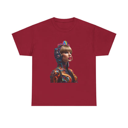 Chic Swifties psychedelic Taylor Swift Heavy Cotton Tee in burgundy showcasing a bold, artistic depiction of Taylor Swift.