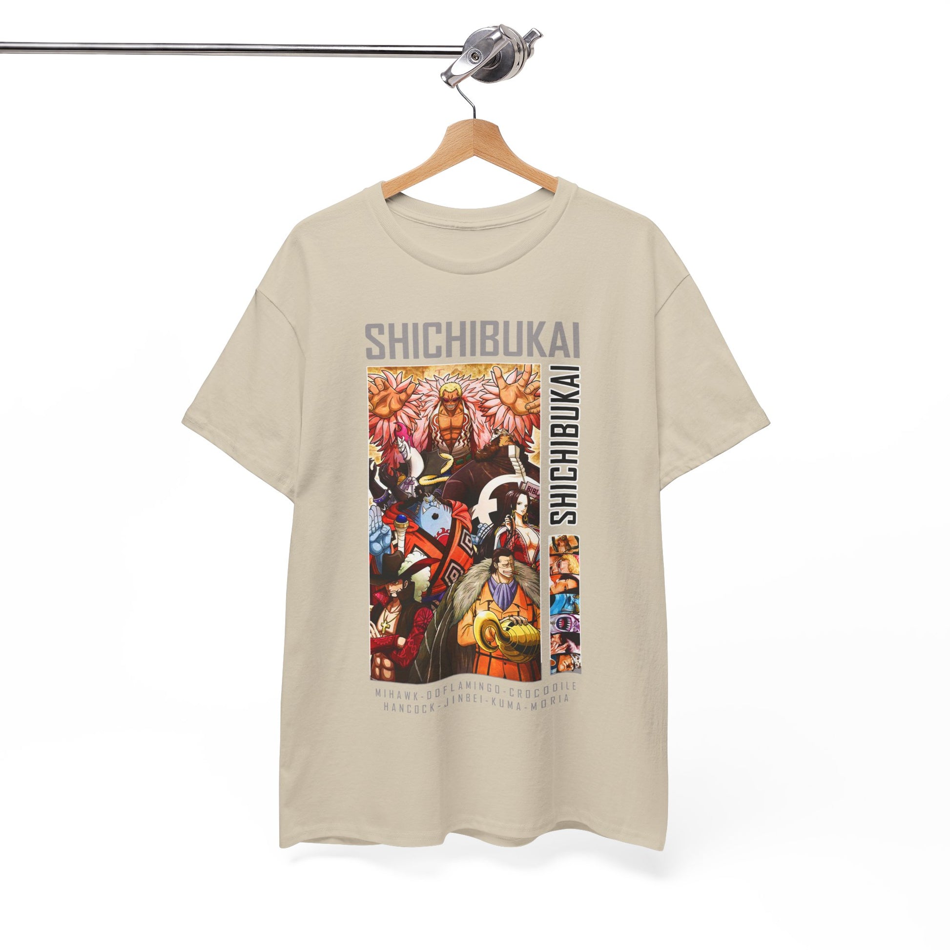 Sophisticated One Piece Shichibukai T-shirt displayed on a hanger, showcasing vibrant character artwork and a luxurious beige fabric.