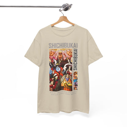 Sophisticated One Piece Shichibukai T-shirt displayed on a hanger, showcasing vibrant character artwork and a luxurious beige fabric.