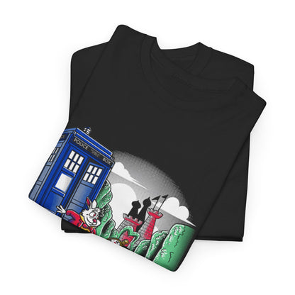 Dr Who In Wonderland Unisex Men´s Women´s Graphic T Shirt Tee displayed in a stylish fold, showcasing the enchanting design with a blue police box and whimsical characters.