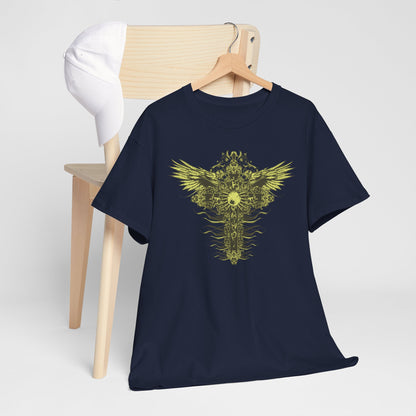 Sophisticated navy blue men's t-shirt elegantly displayed on a chair alongside a white cap, highlighting the intricate celestial cross and wing design in yellow-gold.