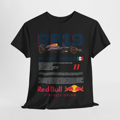 Luxury men's Red Bull RB19 F1 racing t-shirt featuring Sergio Perez graphic, showcasing a bold design with a Formula 1 car illustration, perfect for motorsport enthusiasts.