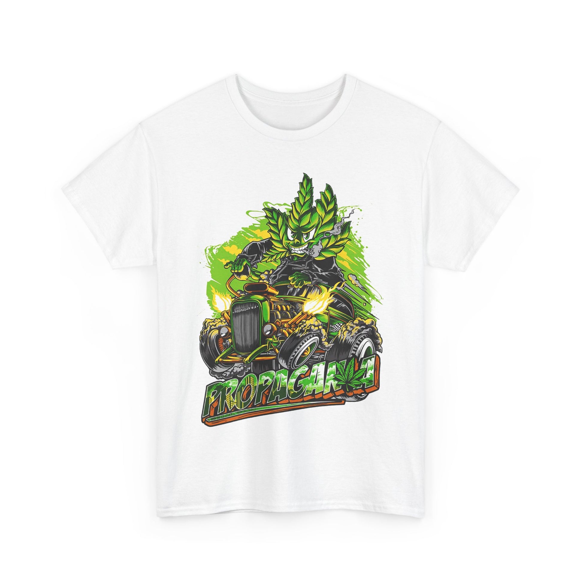 Luxury white t-shirt showcasing a captivating cannabis leaf hot rod graphic design, ideal for those who appreciate unique style and culture.