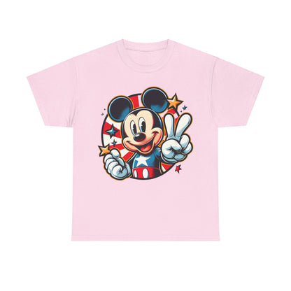 Mickey Mouse Pop Art Graphic Unisex Graphic Tee Shirt in pink, illustrating a cheerful Mickey Mouse in patriotic attire with an artistic design that speaks to freedom and fun.