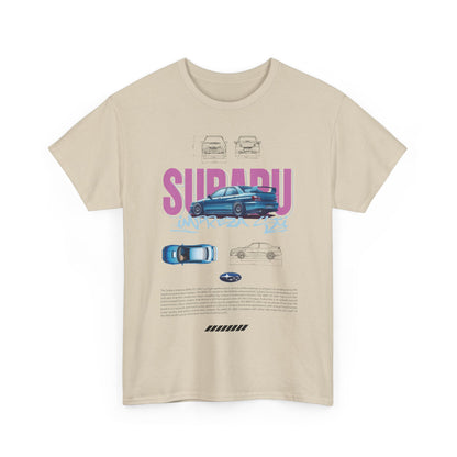 Stylish beige t-shirt featuring a bold graphic of the 2001 Subaru WRX STI, ideal for car lovers.