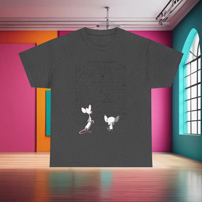 Showcase your intellect with the 'Pinky And The Brain Graphic T-Shirt Urban Unisex Cotton Tee' in dark grey, featuring a delightful graphic of Pinky and Brain over a canvas of calculations.