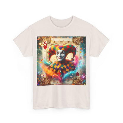 Harlequin Playing Card Graphic Tee featuring a stunning design of a jester with a vibrant harlequin pattern and playing card theme, perfect for stylish individuals looking to enhance their wardrobe.