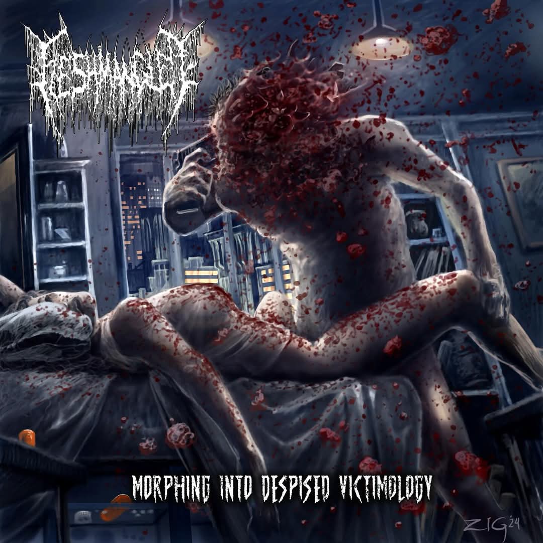 Fleshmangled Morphing Into Despised Victimology CD album cover featuring striking artwork, available from Rancid Offal Records, explore the brutal death metal genre with this captivating release.