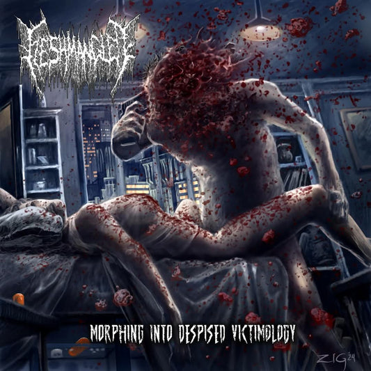 Fleshmangled Morphing Into Despised Victimology CD album cover featuring striking artwork, available from Rancid Offal Records, explore the brutal death metal genre with this captivating release.