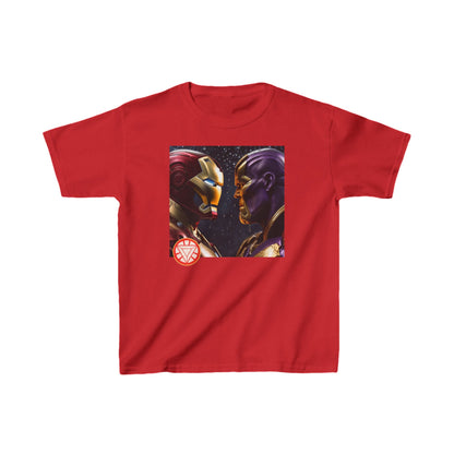 Kids Iron Man Heavy Cotton T-Shirt adorned with a stunning print of Iron Man confronting Thanos, offered in a vibrant red colour.