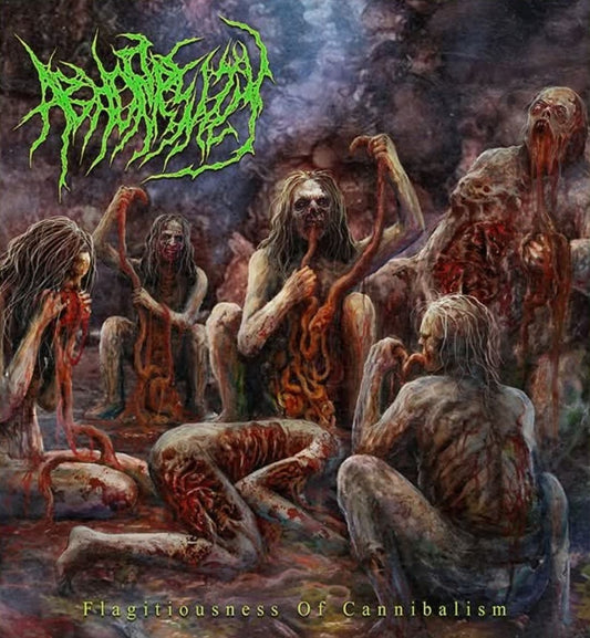 Abhorrently Flagitiousness of Cannibalism CD cover art by Rancid Offal Records, featuring intricate and dark artwork that embodies the essence of brutal death metal.