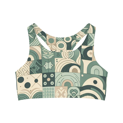 Aurelia Starling Sports Bra showcasing a contemporary block print design in soothing pastel green hues, perfect for activewear style.