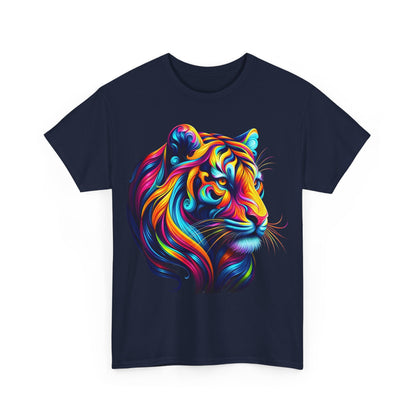 Front view of a chic navy unisex t-shirt featuring the vivid 'Tiger's Whimsy' graphic design, celebrating artistry and style.