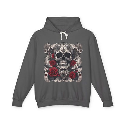 Products display of a Unisex Lightweight Hooded Sweatshirt with an artistic skull and roses design, presented with a minimalist aesthetic.