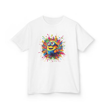 Luxury Minion Paint Splash T-shirt featuring a vibrant Minion character amidst a colour explosion, perfect for stylish kids.