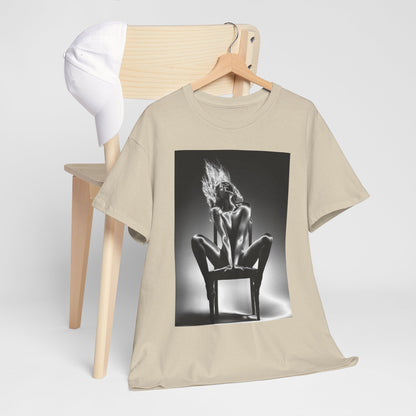 Unisex Pure Allure graphic t-shirt paired with a stylish cap, positioned on a minimalist wooden chair, reflecting modern luxury fashion.