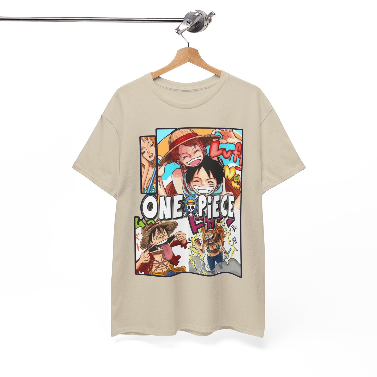 Elegant beige T-shirt hanging stylishly, adorned with a striking One Piece manga design, ideal for sophisticated anime enthusiasts.