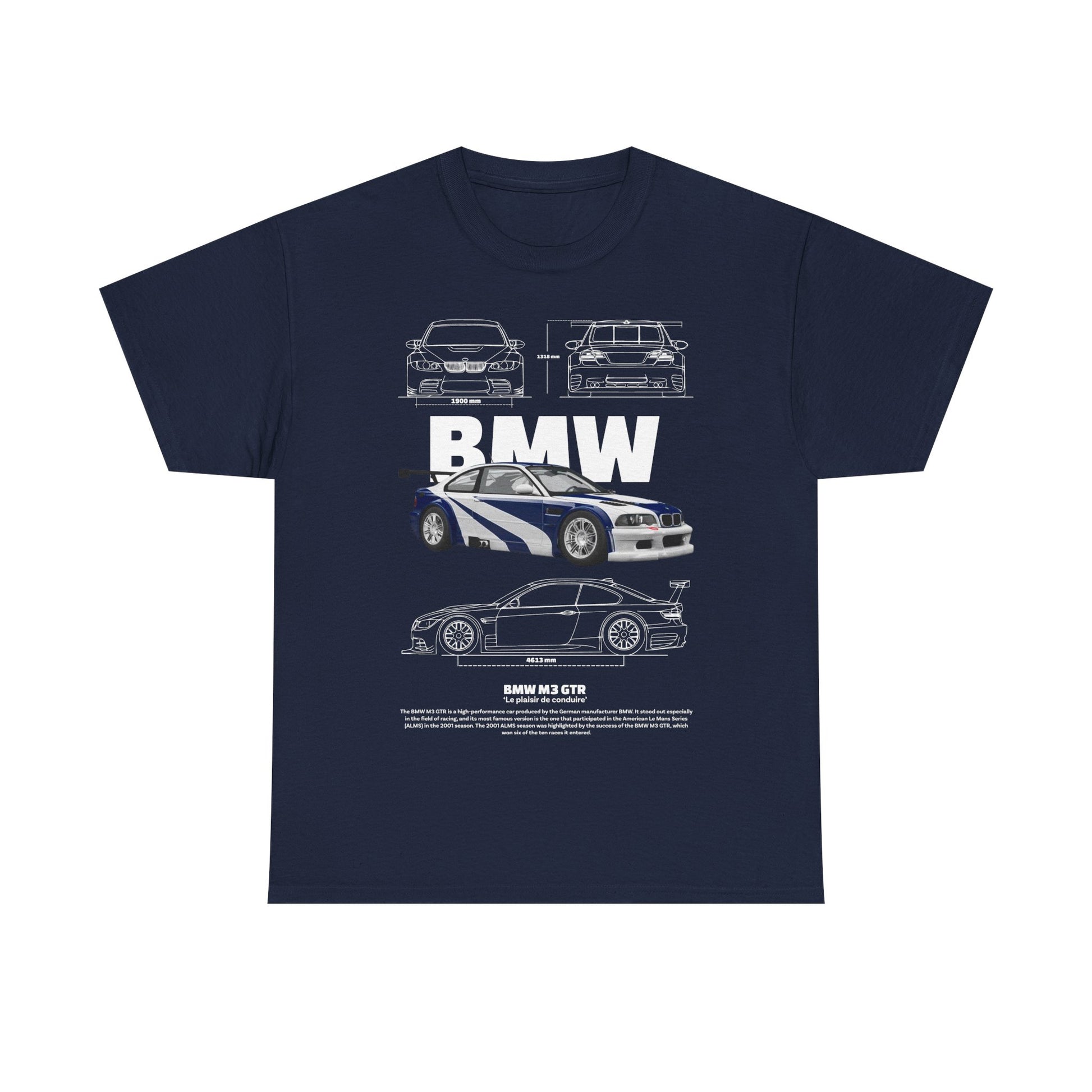 Elegant navy BMW M3 GTR men's T-shirt featuring striking graphics and engineering sketches, designed for motorsport aficionados.