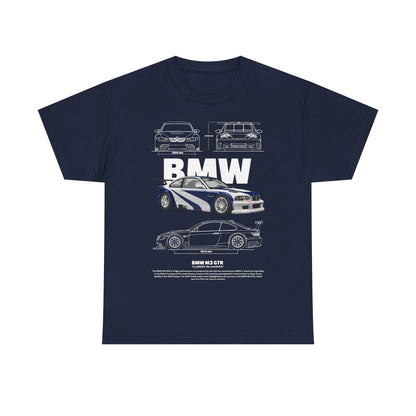 Elegant navy BMW M3 GTR men's T-shirt featuring striking graphics and engineering sketches, designed for motorsport aficionados.