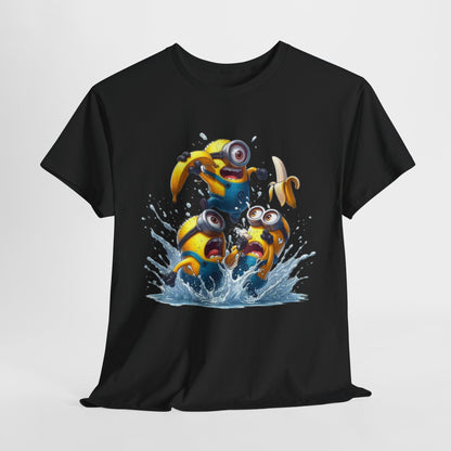 Stylish black T-shirt displaying vibrant Minion characters splashing in water, perfect for casual wear with a fun twist. A must-have for Minions lovers! T Shirt, Funny, Minions.