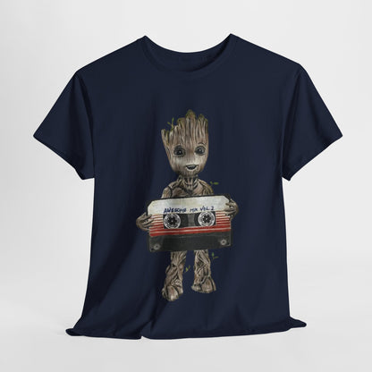 Baby Groot Awesome Mixtape Unisex Men's Women's Graphic T Shirt Tee featuring a whimsical illustration of Baby Groot holding a vibrant 'Awesome Mix Vol. 2' cassette, perfect for casual wear.
