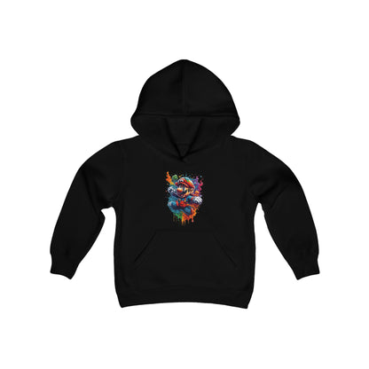 Luxurious Retro Gaming Unisex Hooded Sweatshirt for Teens featuring a vibrant graphic print of a classic gaming character, designed for a comfortable fit. Perfect for fashion-forward individuals who cherish nostalgia.