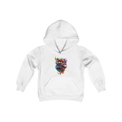 Elegant Retro Gaming Unisex Hooded Sweatshirt for Teens in pristine white, showcasing a lively graphic print of a beloved gaming icon, crafted for superior comfort and style.