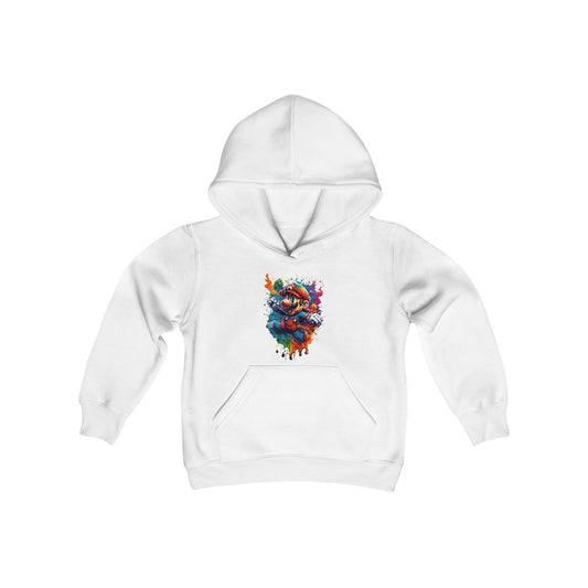 Elegant Retro Gaming Unisex Hooded Sweatshirt for Teens in pristine white, showcasing a lively graphic print of a beloved gaming icon, crafted for superior comfort and style.
