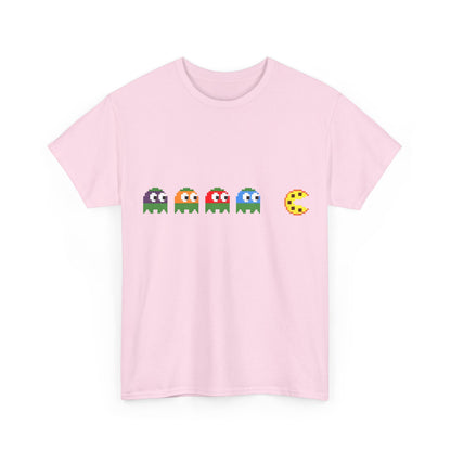 Front view of the luxurious Teenage Mutant Ninja Turtles Pizza Pacman Tee Shirt featuring colourful pixelated Pac-Man ghosts and pizza design.