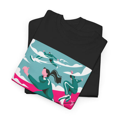 Elegant and stylish black T-shirt folded, revealing a trendy graphic print inspired by survival themes, ideal for casual and statement wear.