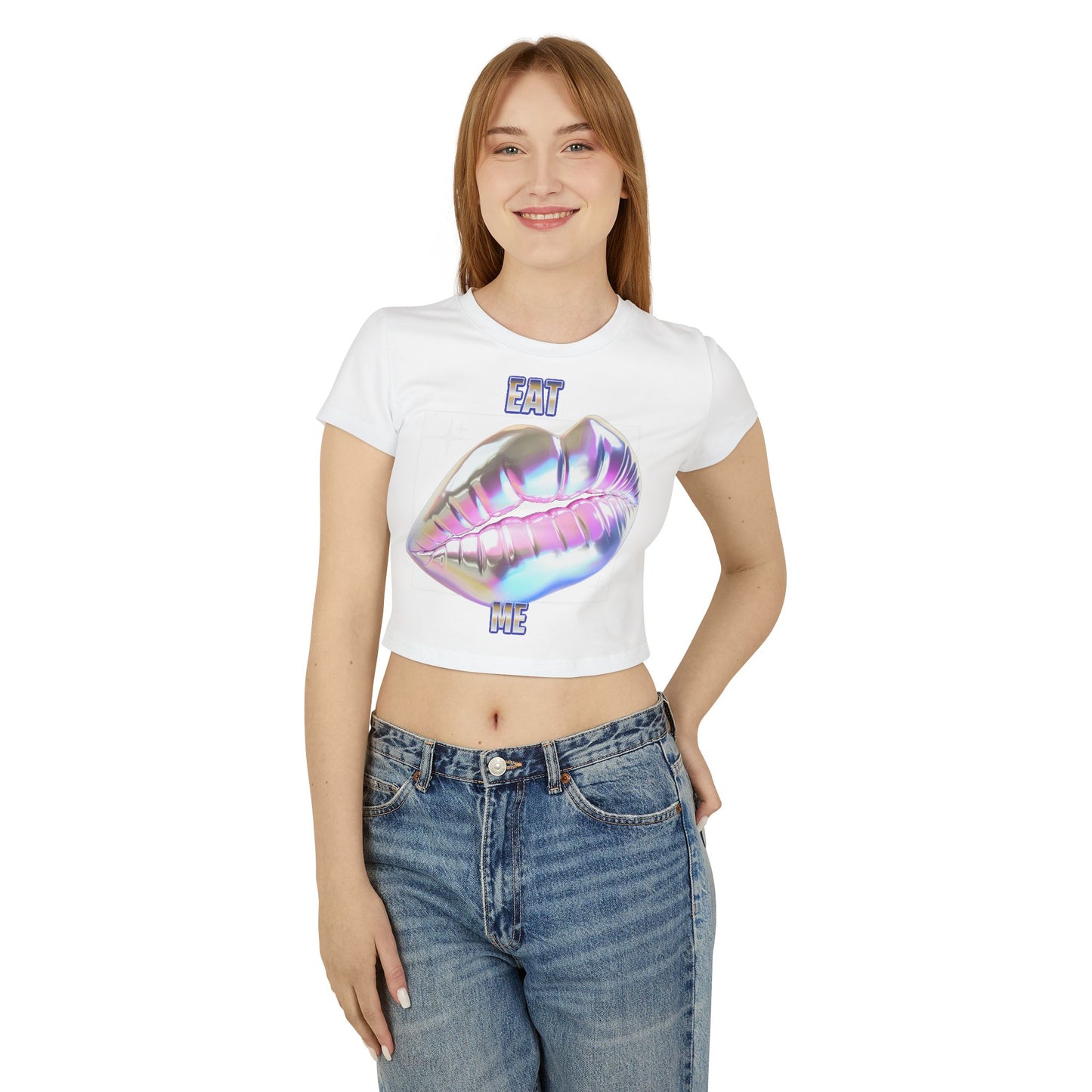 Elegant model displaying the Cheeky Women's Cropped T-Shirt with a bold 'Eat Me' graphic, paired with high-waisted jeans for a chic and playful look.