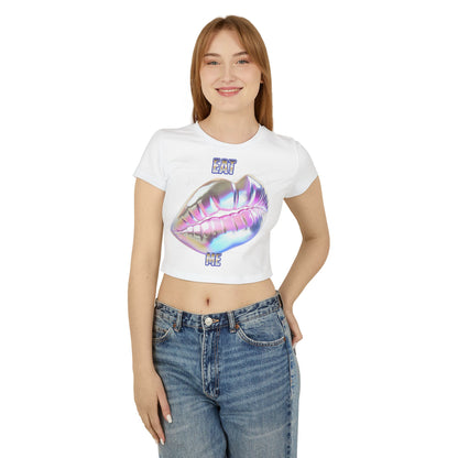 Elegant model displaying the Cheeky Women's Cropped T-Shirt with a bold 'Eat Me' graphic, paired with high-waisted jeans for a chic and playful look.
