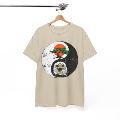 Stylishly hung t-shirt showcasing a bold yin-yang symbol, combining the fierce eagle and graceful bonsai, perfect for the discerning martial arts aficionado.