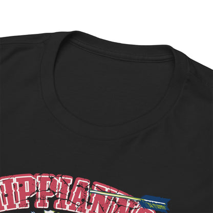 Close-up view of a luxurious black t-shirt neckline, showcasing quality fabric and a striking graphic print that merges art with cultural expression.