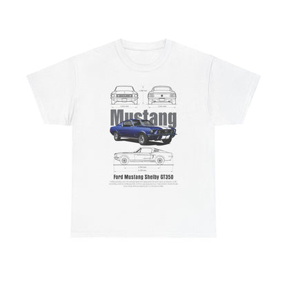 Luxury white T-shirt featuring a stylish graphic design of the Ford Mustang Shelby GT350, showcasing detailed car specifications and measurements.