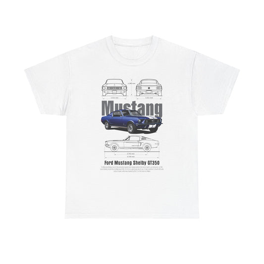 Luxury white T-shirt featuring a stylish graphic design of the Ford Mustang Shelby GT350, showcasing detailed car specifications and measurements.
