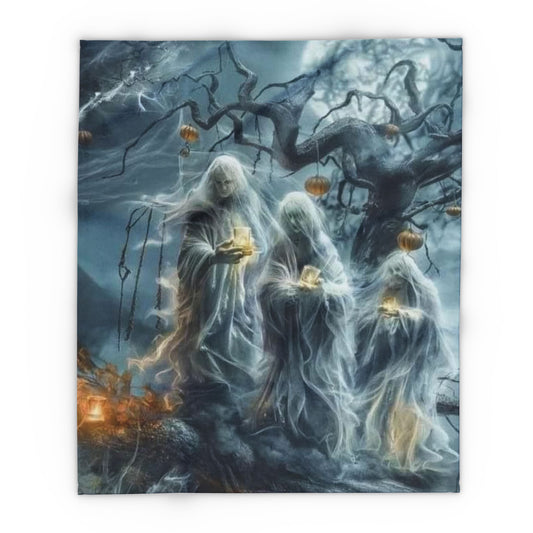 Luxurious Decorative and Warm Halloween Spooky Arctic Fleece Blanket showcasing spectral figures with glowing lanterns, perfect for enhancing your Halloween ambience.