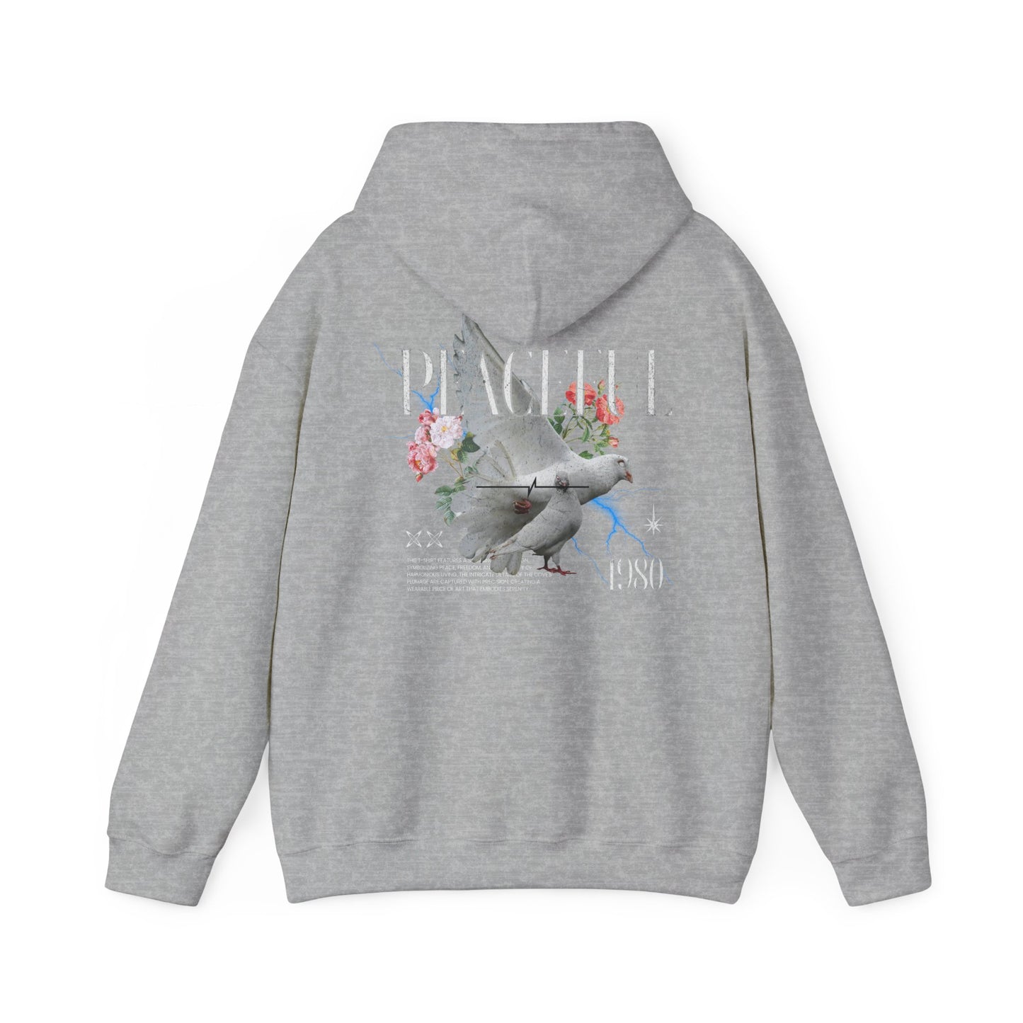 Refined grey hoodie displaying a beautifully illustrated dove alongside floral elements, featuring the bold lettering 'PEACEFUL 1980' for a sophisticated style statement.
