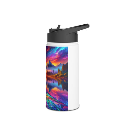 Fantasy Paddleboarding Stainless Steel Water Bottle featuring stunning mountain reflection artwork, ideal for stylish hydration.