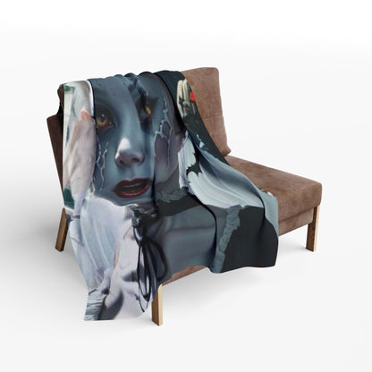 Stylishly laid Decorative and Warm Halloween Cute Arctic Fleece Blanket on a modern chair, displaying its exquisite Halloween design that elevates autumn decor.