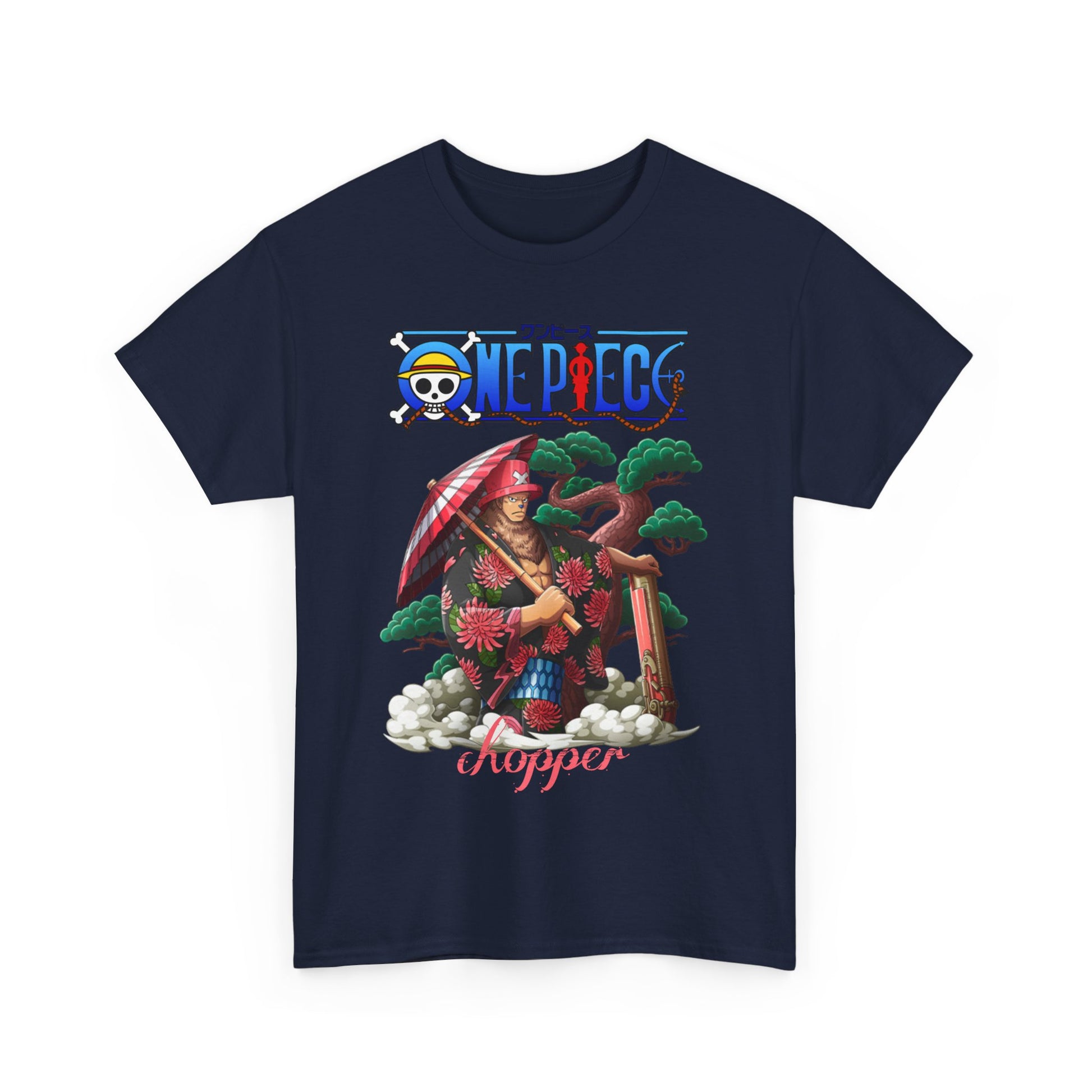 Luxury navy blue t-shirt featuring a vibrant, artistic illustration of Chopper from One Piece, adorned with a traditional Japanese-style kimono and umbrella, perfect for anime enthusiasts.