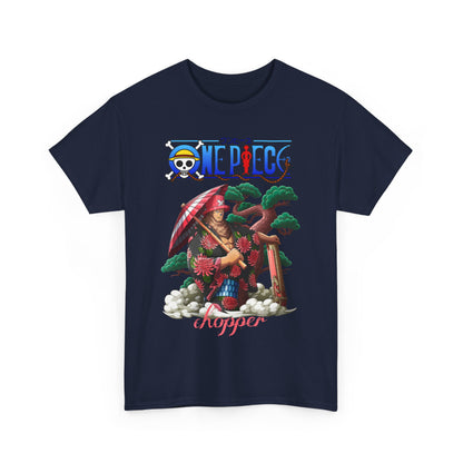 Luxury navy blue t-shirt featuring a vibrant, artistic illustration of Chopper from One Piece, adorned with a traditional Japanese-style kimono and umbrella, perfect for anime enthusiasts.