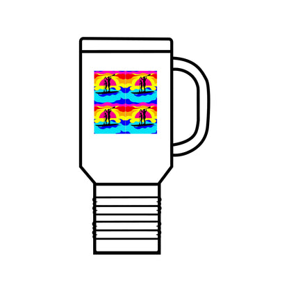 Fantasy Paddleboarding 40oz Insulated Travel Mug featuring a vibrant design with paddleboarders at sunset, highlighting its whimsical aesthetic and ergonomic handle for a luxurious outdoor experience.