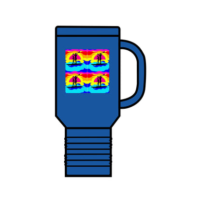 Fantasy Paddleboarding 40oz Insulated Travel Mug in a striking blue, featuring a whimsical graphic of paddleboarders against a sunset, ideal for those who appreciate both art and quality.